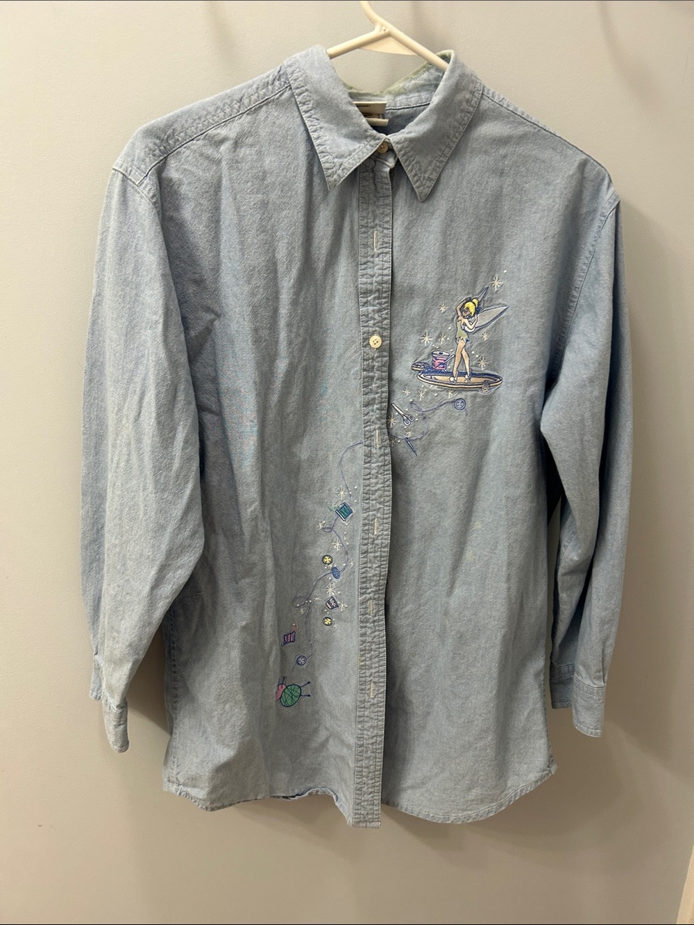 Disney Light Blue Embroidered Tinker Bell Denim-Style Button-Down Shirt